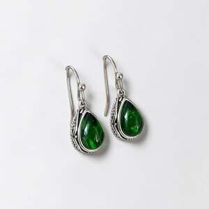 Green Teardrop Silver-Tone Dangle Earrings